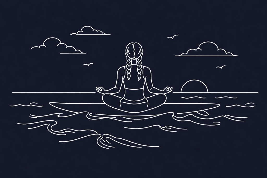 Girl meditating on a surfboard