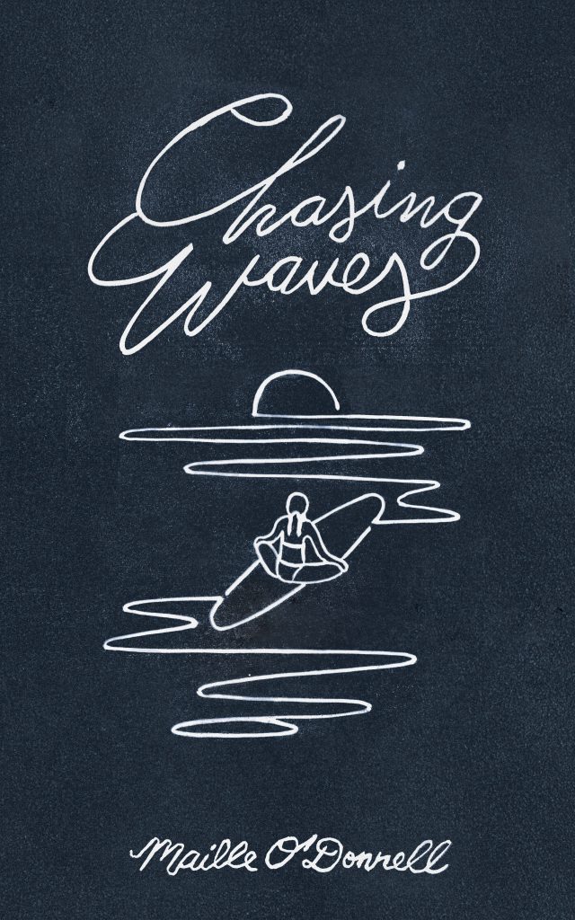 Chasing Waves poetry book cover: Image of girl sitting on a surfboard