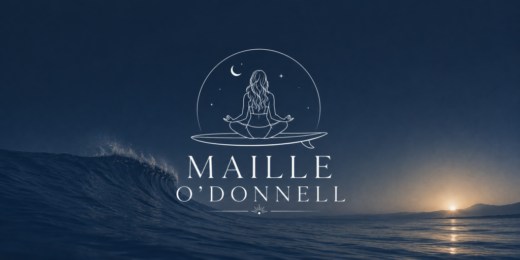 Maille O'Donnell logo: outline of a girl meditating on a surfboard with a wave in the background